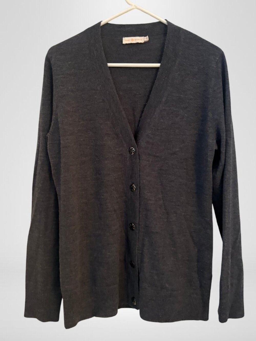 TORY BURCH |100% Merino Wool Grey Cardigan | Silver Initial Buttons | Size XL